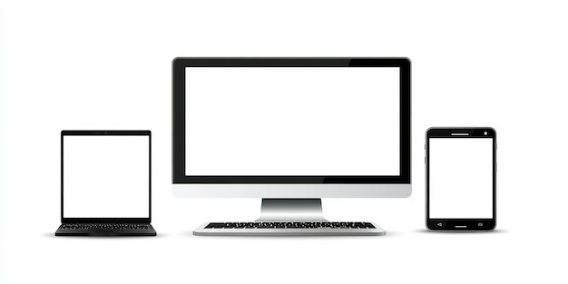 Photo digital devices with blank screens laptop monitor and smartphone white background