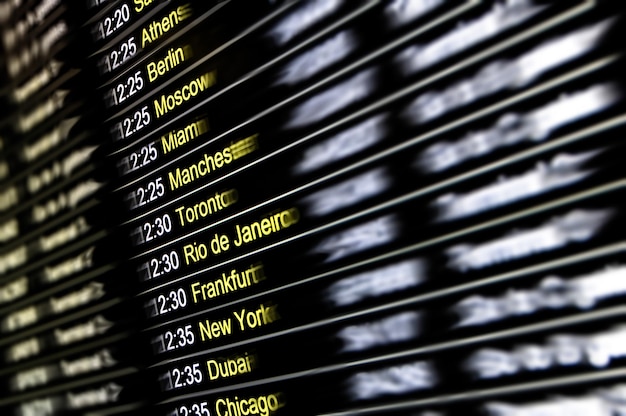 Digital display at international airport Flight connections with cities around the world