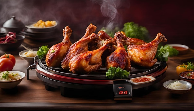 a digital display shows a digital display of chicken and broccoli