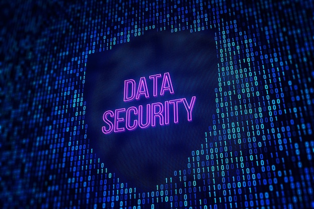 Photo digital display with the text data security on a pixelated blue background illustrating the concept of cybersecurity 3d rendering