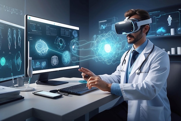 Digital doctor healthcare science medical remote technology concept AI metaverse doctor optimize patient care medicine pharmaceuticals biologics treatment VR examination diagnosis doctor working