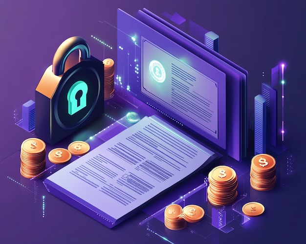 Photo digital document with padlock coins and charts symbolizing financial security