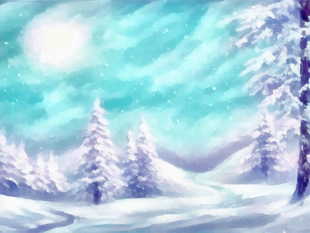 Digital drawing of christmas nature background with snow and christmas trees painting on paper style