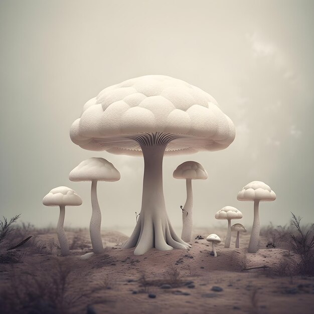 A digital drawing of a giant mushroom with a background of small bushes.