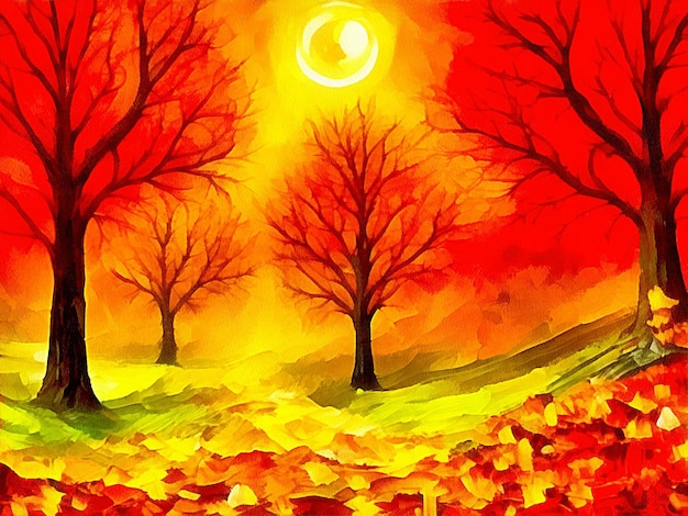 Digital drawing of haloween nature background with orange trees painting on paper style