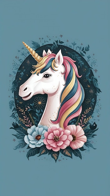 Photo digital drawing illustrations of a unicorn in a flat and cute colored with floral elements