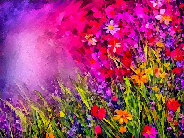 Digital drawing of nature floral background with beautiful flowers painting on paper style