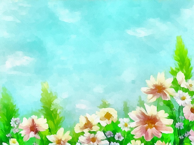 Digital drawing of nature floral background with beautiful flowers painting on paper style