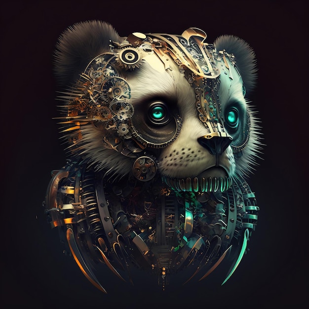 A digital drawing of a panda with gears and gears.