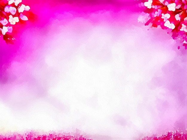 Digital drawing of valentine's day nature background with pink flowers painting on paper style