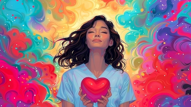 Digital drawing of a young woman holding a heart figurine on a colorful bright background