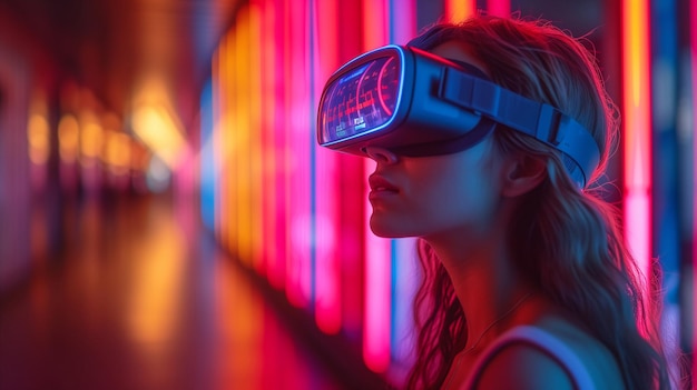 Digital Dreamscape Woman Experiencing Virtual Reality in a NeonLit Cybernetic Environment