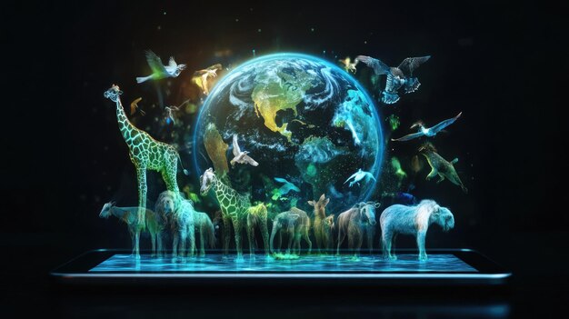 Photo digital earth a holographic world of animals