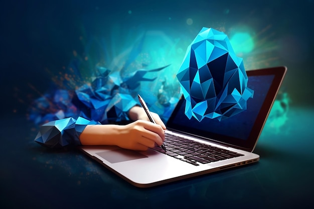 Digital or electronic signature concept with hand signing on laptop with low poly combination style generative AI