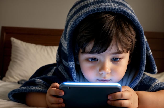 Digital Exploration Child Engaged with Blue Device under Blanket