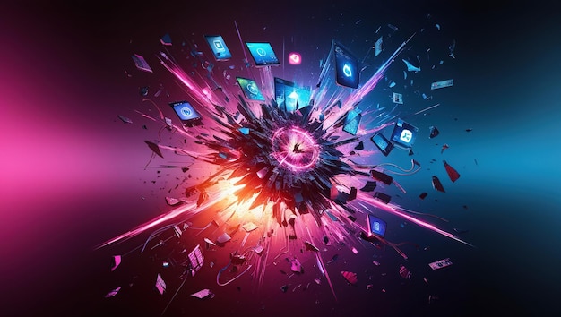 Photo a digital explosion with colorful glowing shards and glowing icons symbolizing digital overload