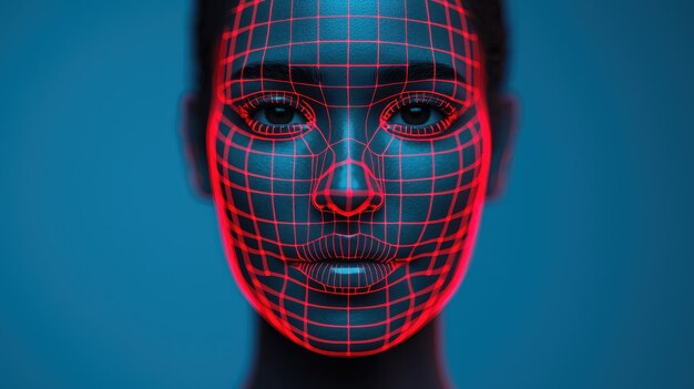 Photo a digital face scanning system showcases biometric analysis with striking red grid overlay on womans face emphasizing advanced technology and innovation