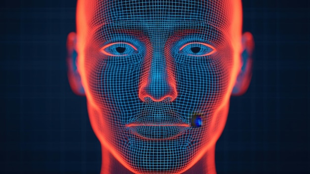 Photo digital face scanning technology showcases biometric analysis system with vibrant futuristic design intricate mesh pattern highlights advanced capabilities of ai powered systems