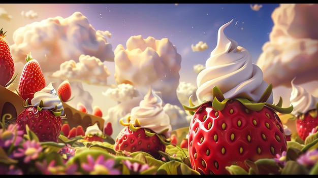 Digital fantasy art of strawberries with whipped cream in a surreal landscape under a colorful sky