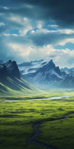 Digital Fantasy Landscape Green Prairie Near Norwegian Mountains