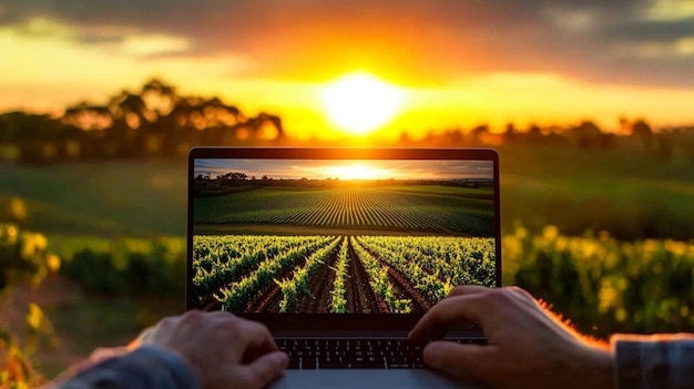 Photo digital farming technology displayed on laptop overlooking sunset vineyards