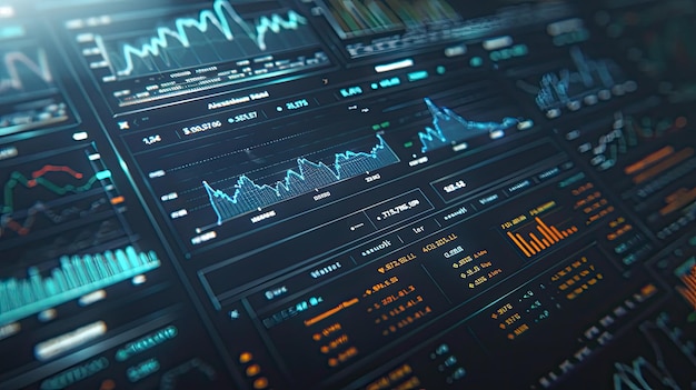 Digital financial data dashboard with various charts and graphs displaying market trends and analysis for investment and trading insights