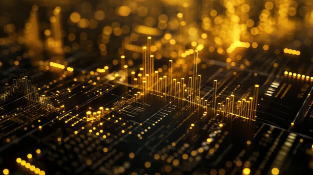 Digital financial data graph with rising and falling lines on a futuristic interface bathed in golden light