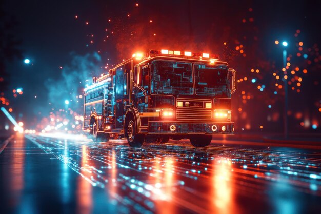 Photo digital firetruck in a neon city