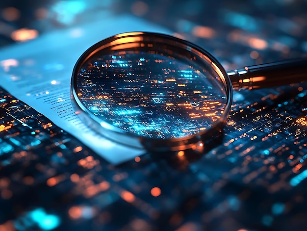 Photo digital forensics illustration magnifying glass examining binary code on circuit board