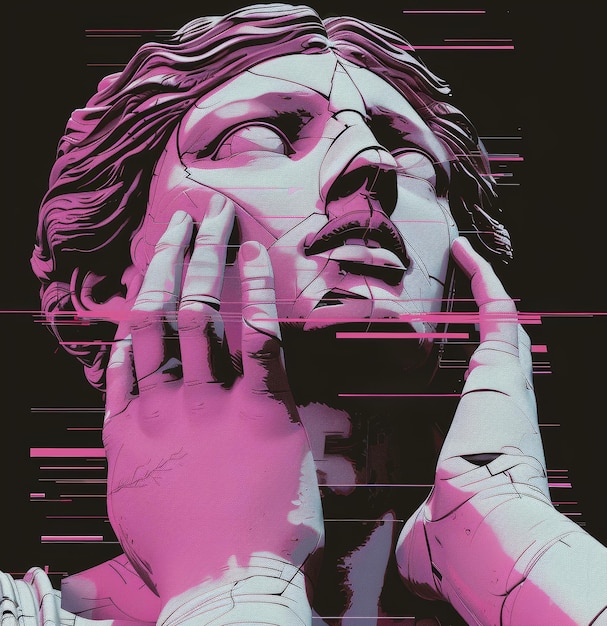 Photo digital glitch art of classical sculpture with neon pink highlights and distorted elements