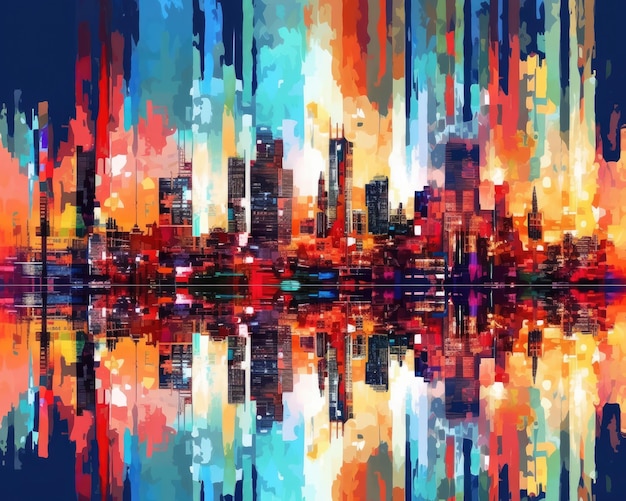 Digital glitch art depicts an abstract colorful city background Generative AI