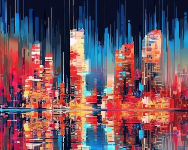 Digital glitch art depicts an abstract colorful city background Generative AI