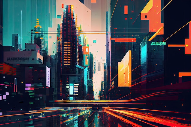 A digital glitch in a cityscape with skyscrapers and traffic lights suddenly turning on and off