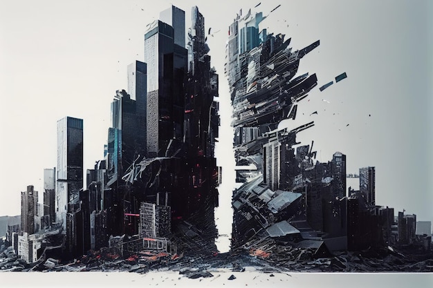 A digital glitch that makes a cityscape look like it has been torn apart and reassembled in a different way