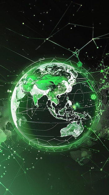 A digital globe radiating green hues symbolizing