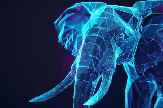 Photo digital glowing elephant of 3d triangular polygons