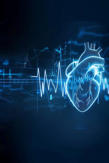 A digital glowing human heart with ECG line on a blue background