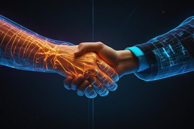 A digital handshake between two avatars symbolizing a