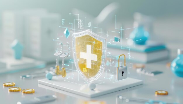 Photo digital health shield and security concept with medical icons