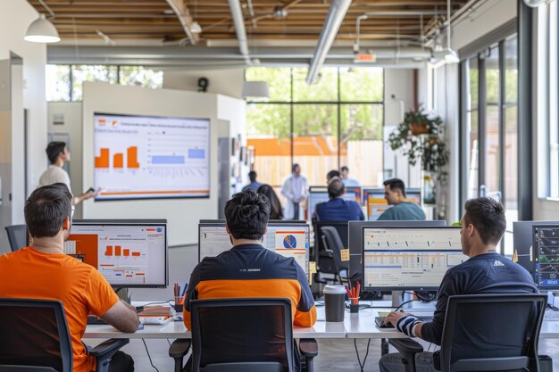 Digital Health Startup Office A photograph of a bustling office space within a digital health startup featuring innovative technology developers data analysts