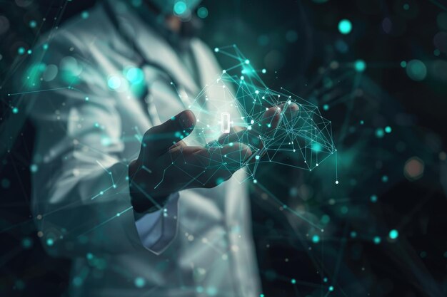 Photo digital healthcare network connection on hologram interface