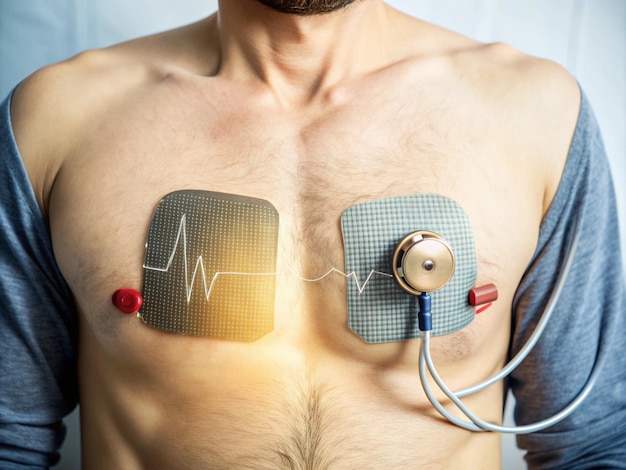 Digital heart on the human Man suffering Injury caused by training pain on chest and its area