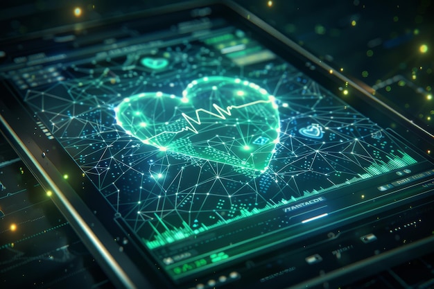 Digital heart with glowing connections on a dark background representing the intersection of techno