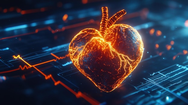 Digital heart with glowing lines on a tech background