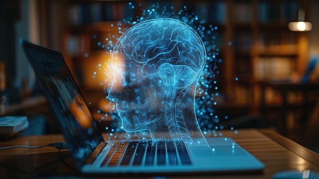 Digital hologram of human brain emerging from laptop computer on desk in cozy room