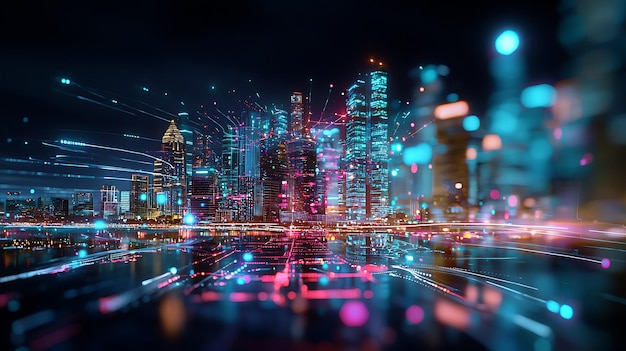 Digital hologram of a smart grid overlaying a futuristic urban environment