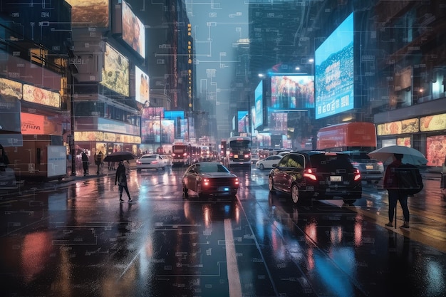 Digital holographic backdrop of busy city street with taxis and people in the background