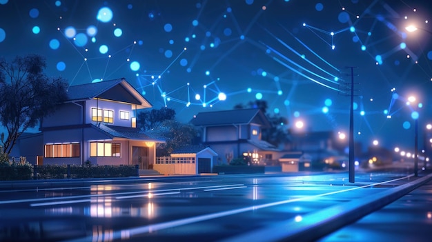 Digital housing smart home and network at night