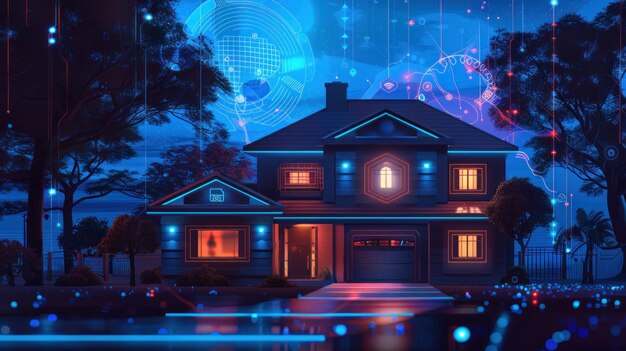 Digital housing smart home and network at night