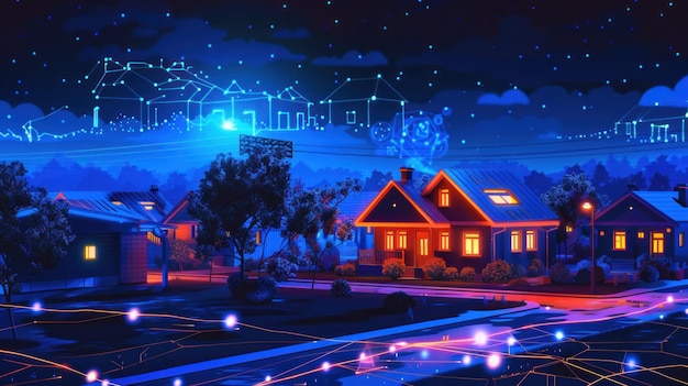 Digital housing smart home and network at night